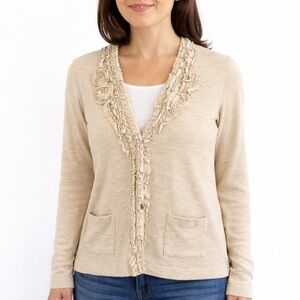 Women’s Petite Medium Eddie Bauer Cream Ruffle Rosette Knit Cardigan